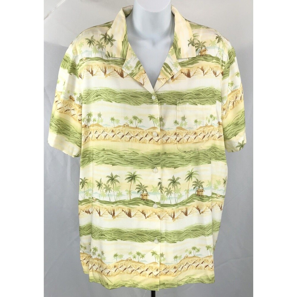 Alfred Dunner Hawaiian shirt top 14 yellow green palm trees tropical shortsleeve